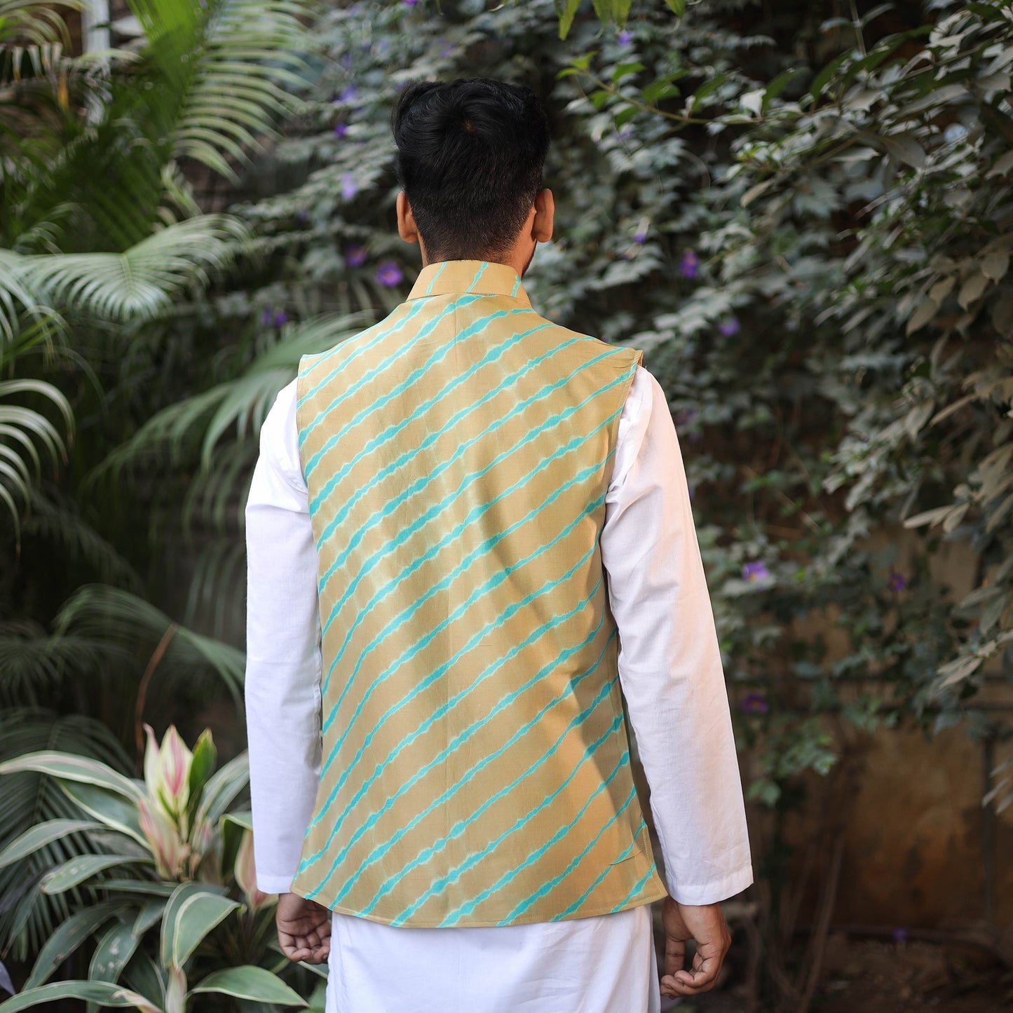 Leheriya Tie & Dye Chanderi Silk Handloom Beige Nehru Jacket