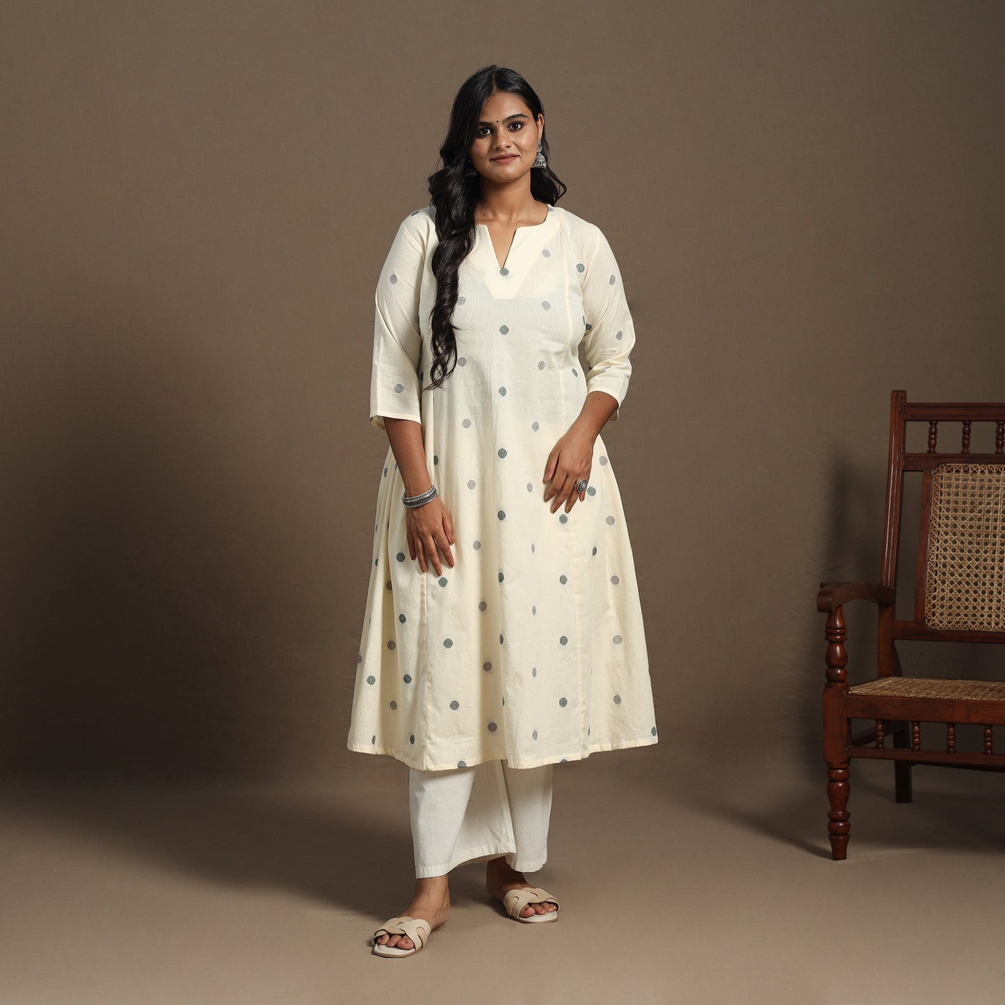 Beige A-Line Cotton Jacquard Kurta