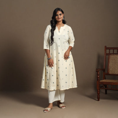 Beige A-Line Cotton Jacquard Kurta