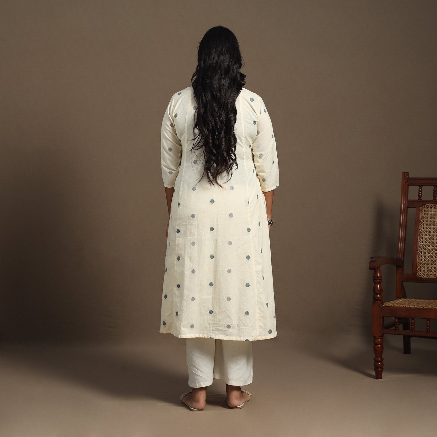 Beige A-Line Cotton Jacquard Kurta