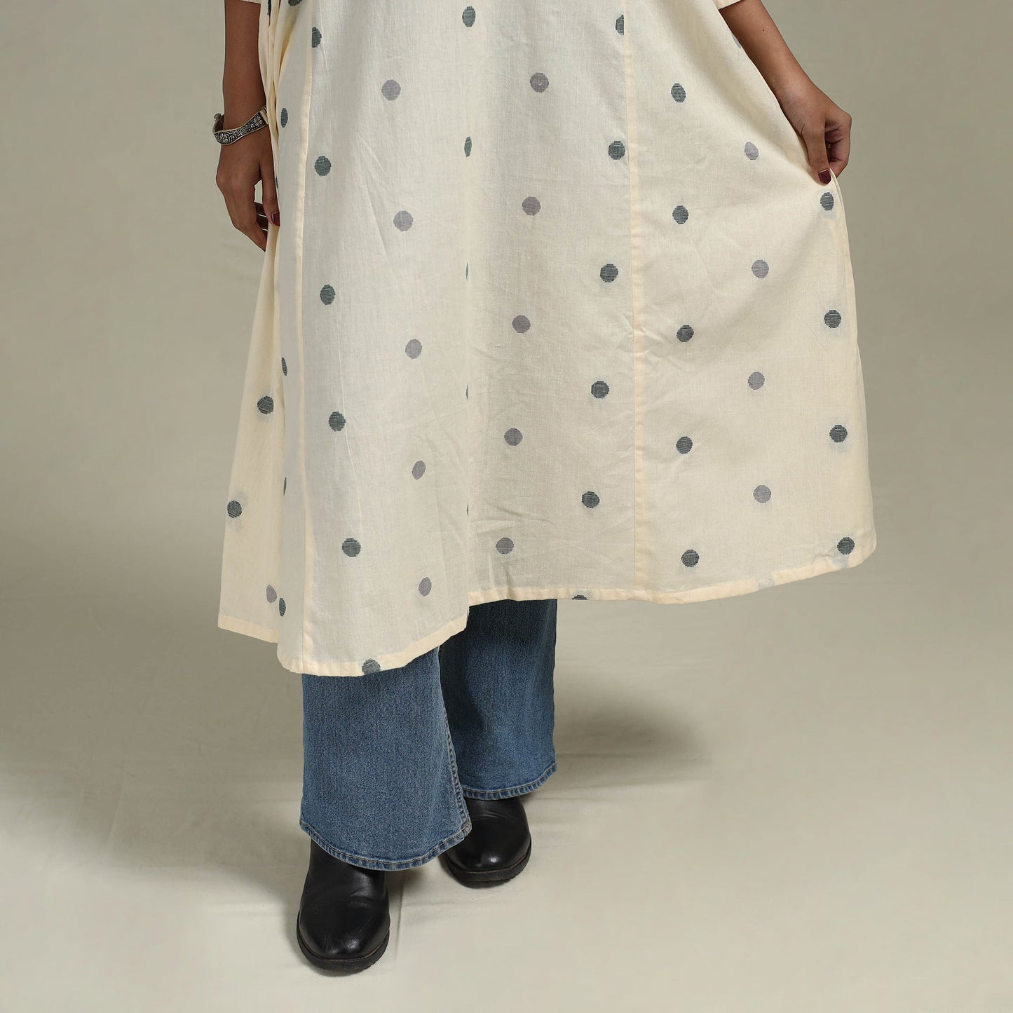 Beige - a-line cotton jacquard kurta 17 - handcrafted