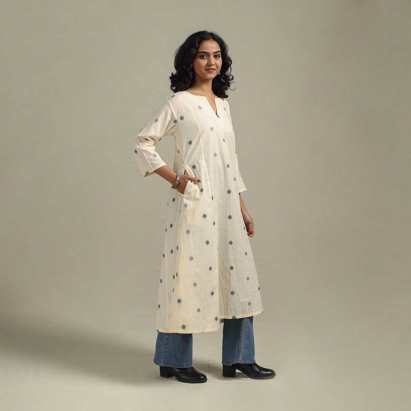 Beige - a-line cotton jacquard kurta 17 - handcrafted