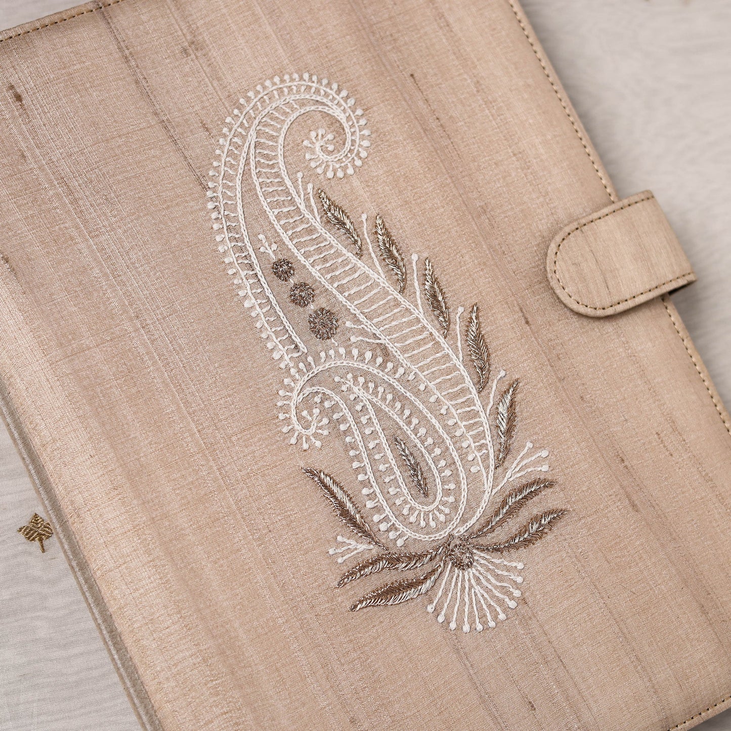 Beige Lucknow Chikankari Embroidery Tussar Silk File Folder