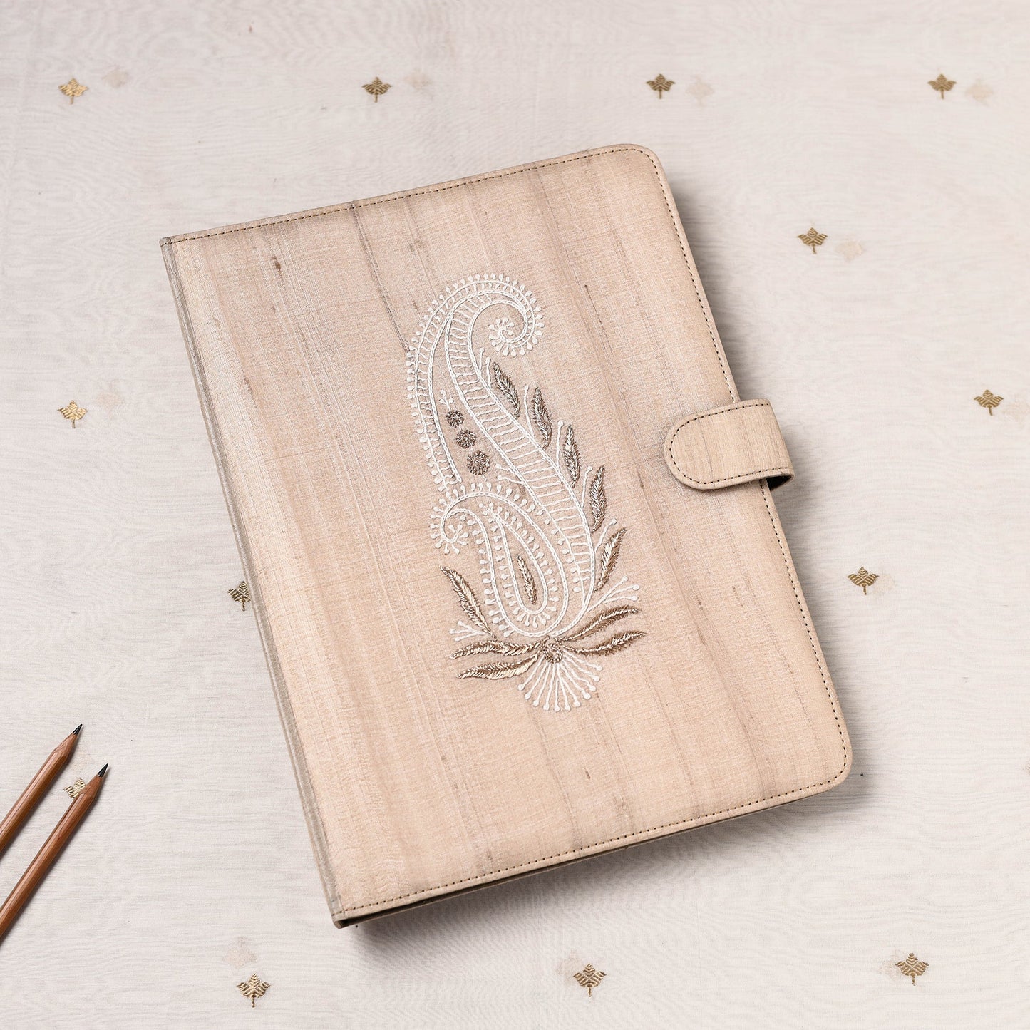 Beige Lucknow Chikankari Embroidery Tussar Silk File Folder