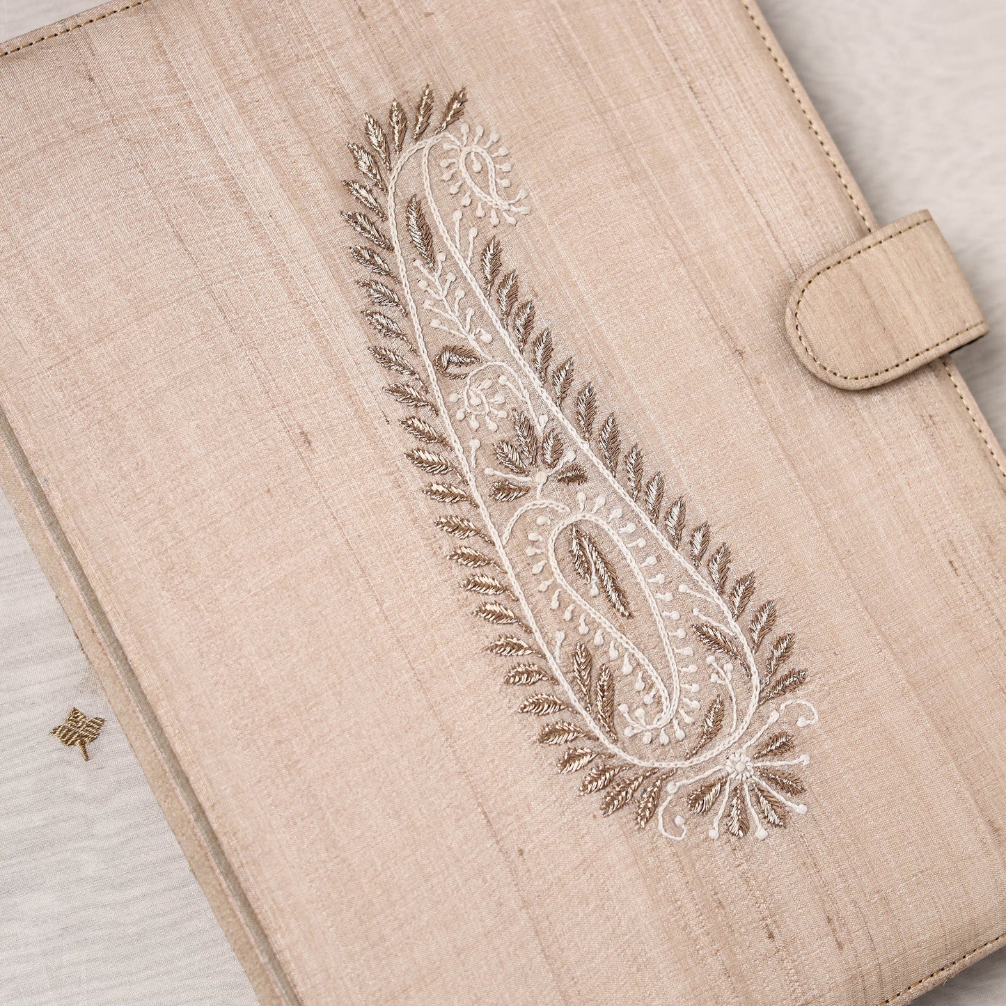 Beige Lucknow Chikankari Embroidery Tussar Silk File Folder