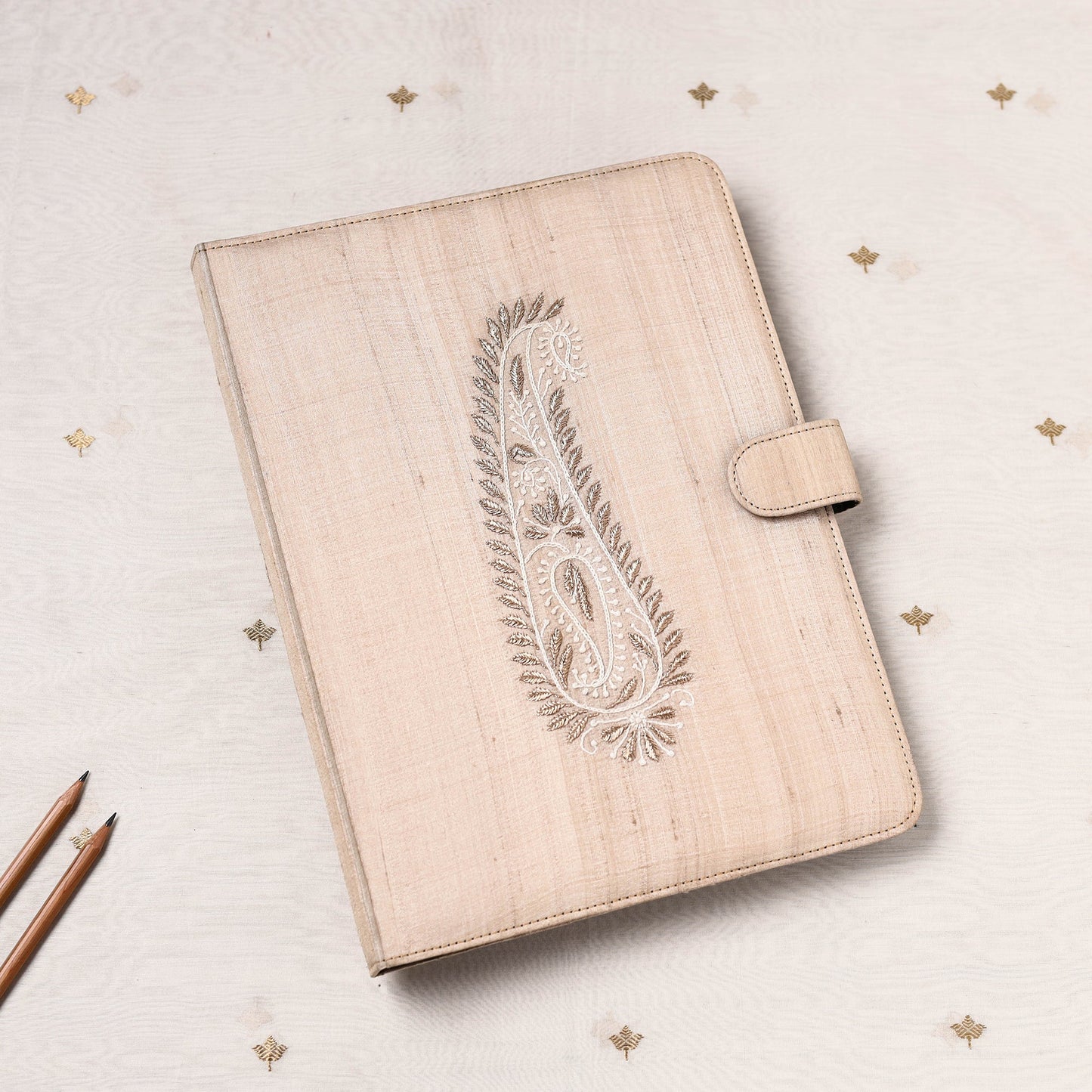 Beige Lucknow Chikankari Embroidery Tussar Silk File Folder