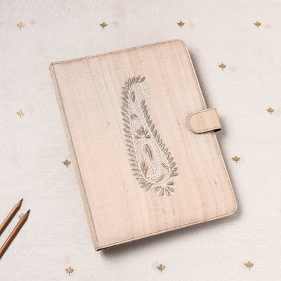 Beige Lucknow Chikankari Embroidery Tussar Silk File Folder
