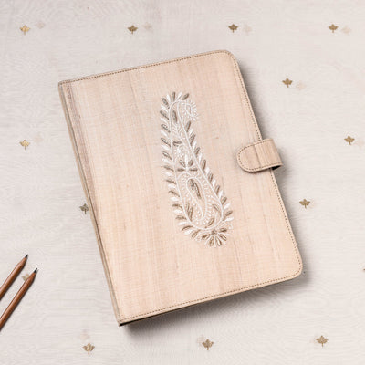 Beige Lucknow Chikankari Embroidery Tussar Silk File Folder