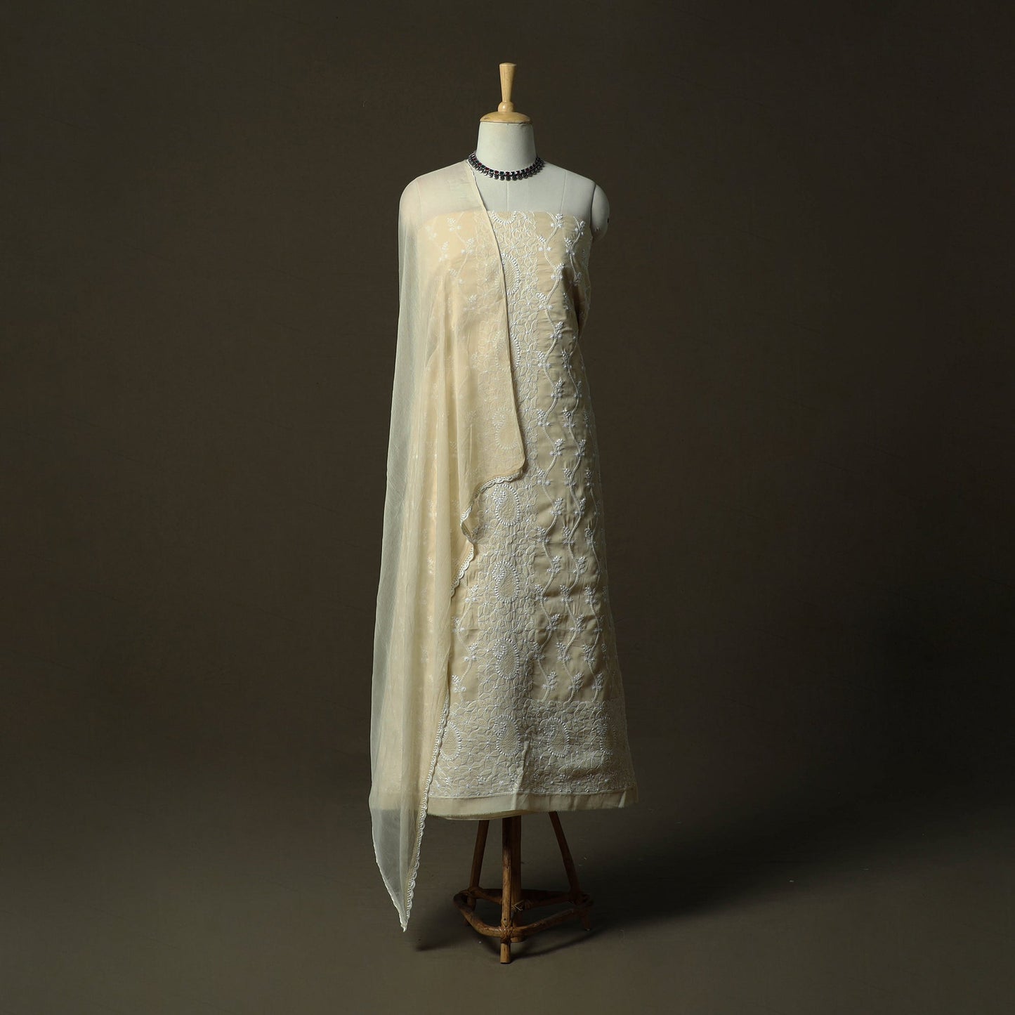 Beige - lucknowi hand embroidered cotton chikankari 3pc