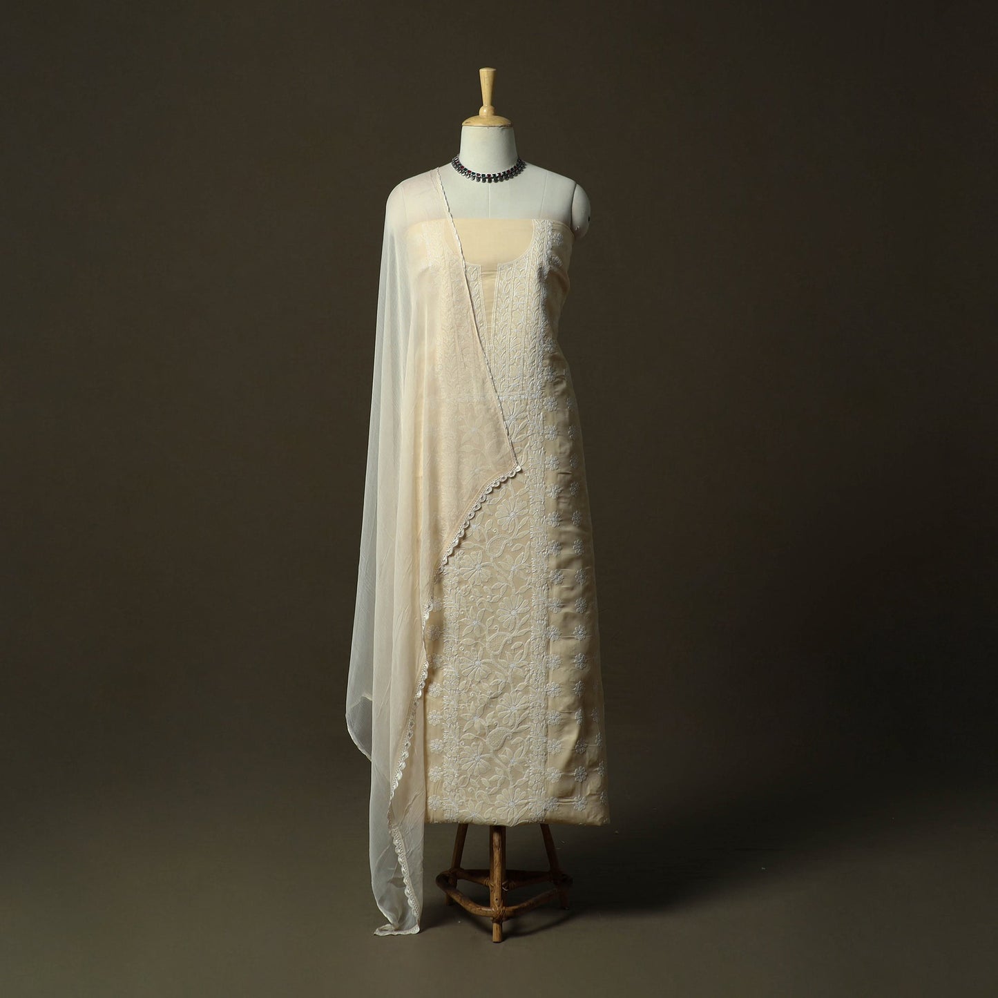 Beige - lucknowi hand embroidered cotton chikankari 3pc