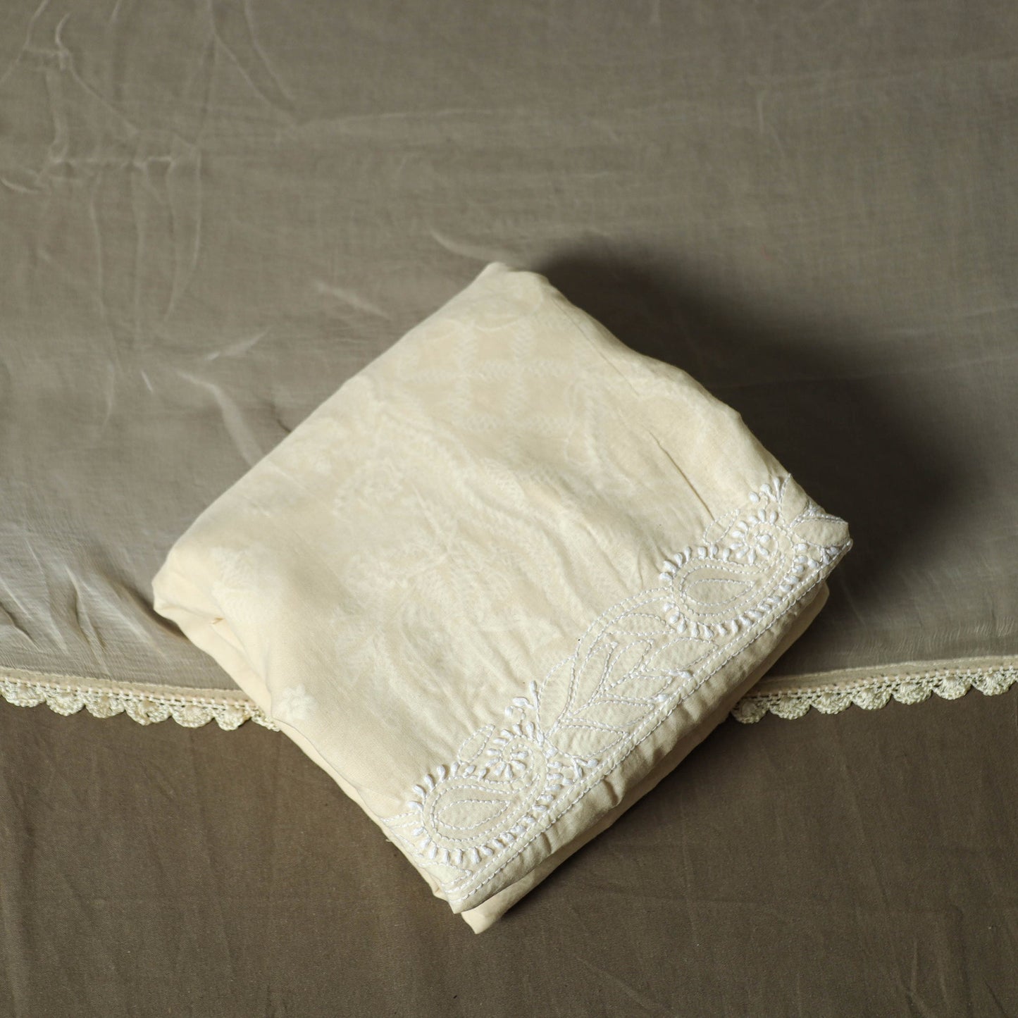 Beige - lucknowi hand embroidered cotton chikankari 3pc