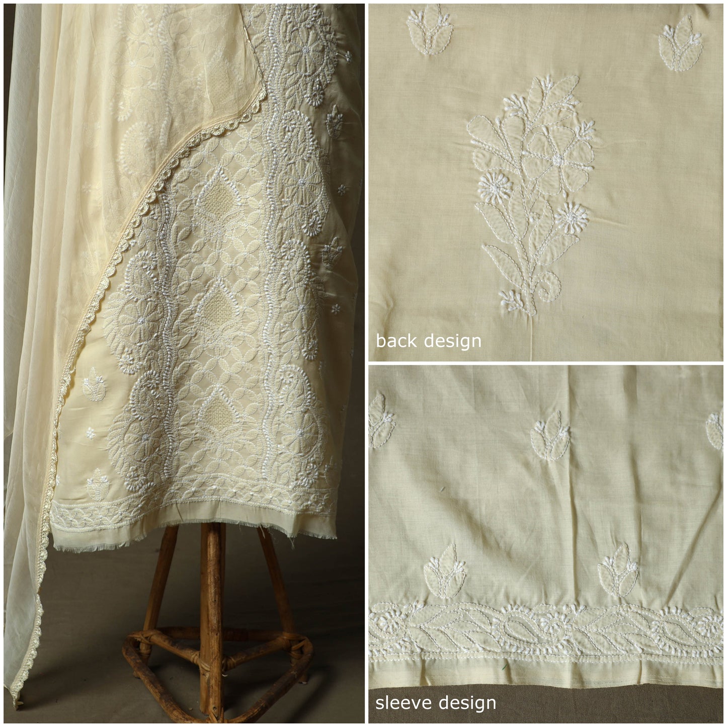 Beige - lucknowi hand embroidered cotton chikankari 3pc