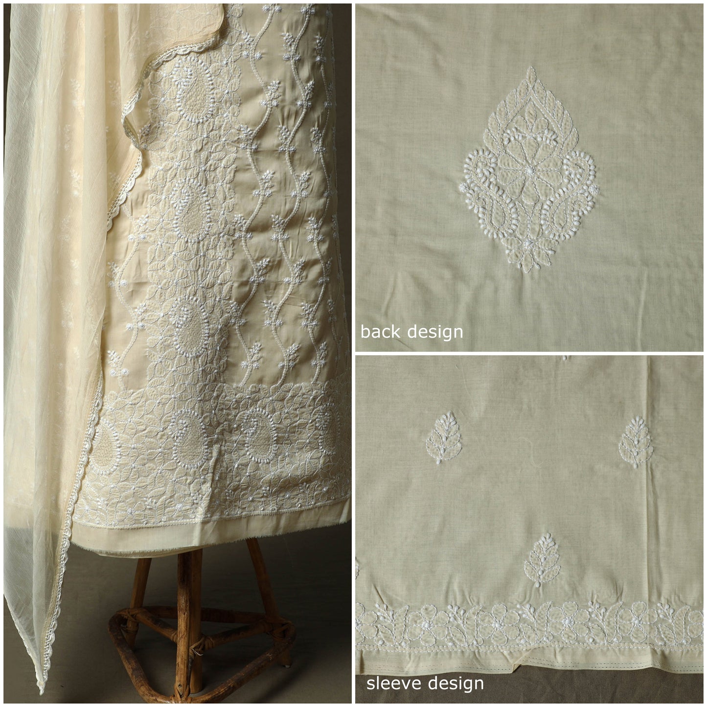 Beige - lucknowi hand embroidered cotton chikankari 3pc