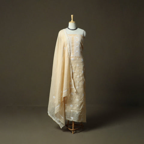 Beige - lucknowi hand embroidered kota doria cotton