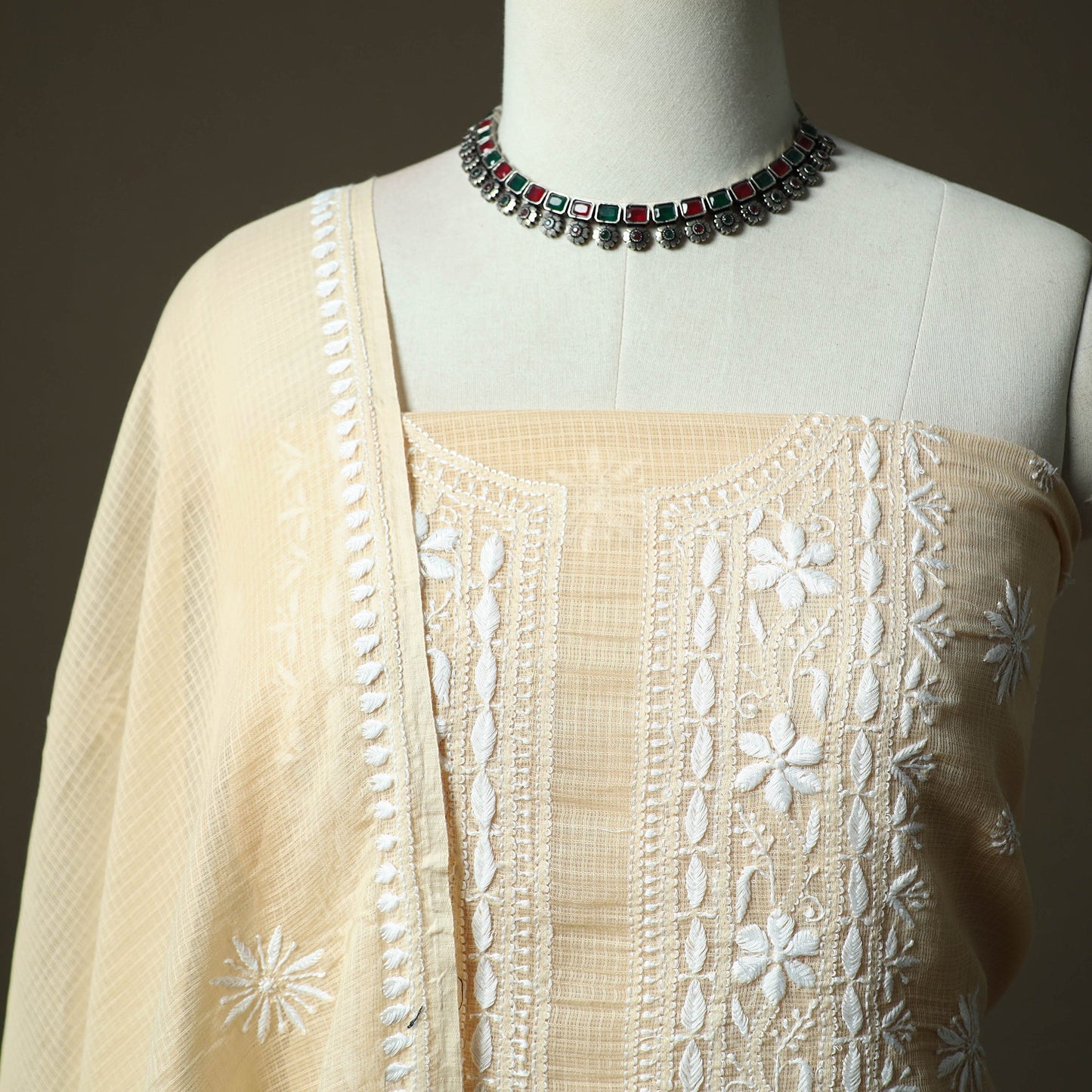 Beige - lucknowi hand embroidered kota doria cotton