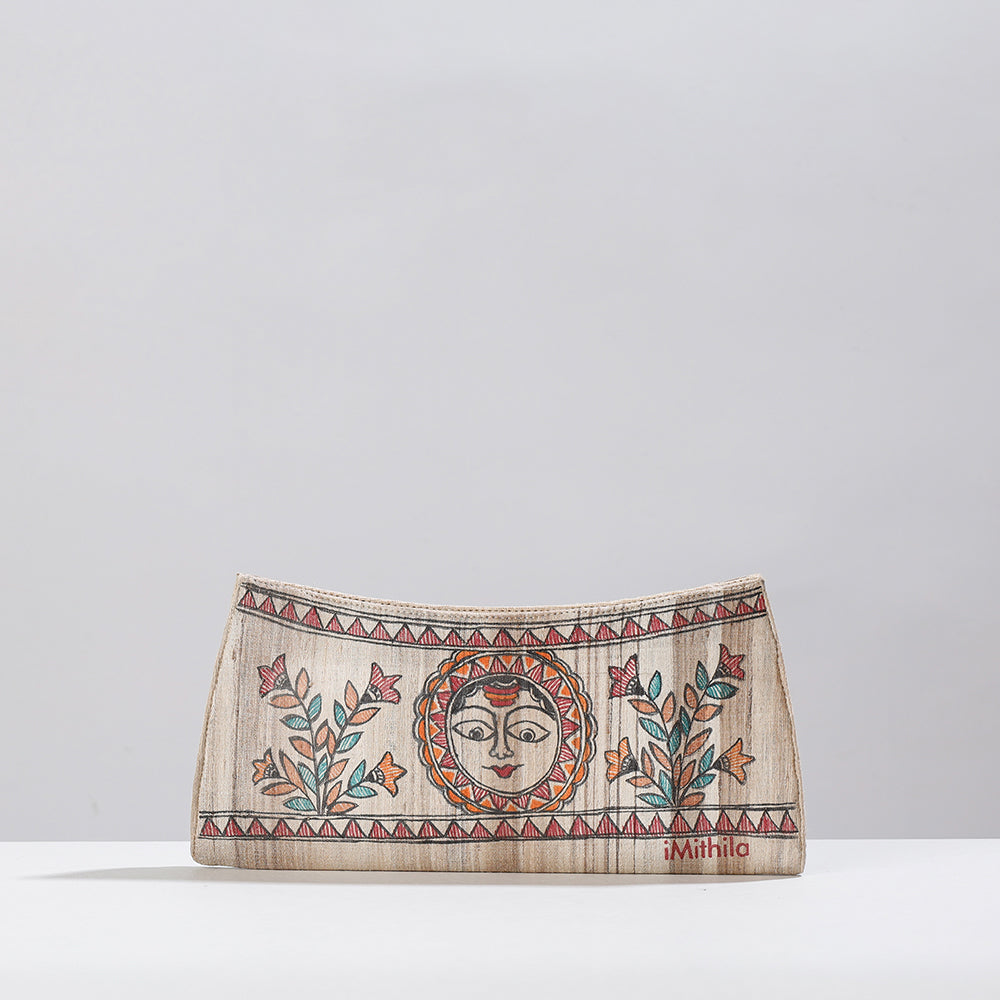 Beige Madhubani Handpainted Tussar Silk Clutch