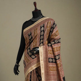 Beige - handloom maheshwari silk bagh saree 01 - handcrafted