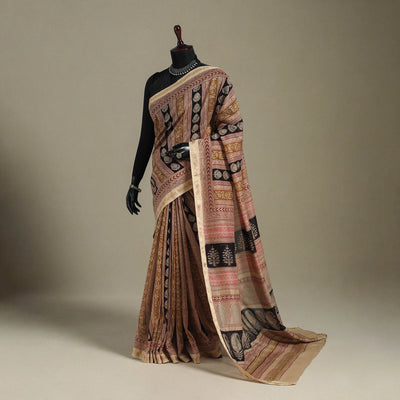 Beige - handloom maheshwari silk bagh saree 01 - handcrafted