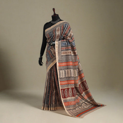 Beige - handloom maheshwari silk bagh saree 03 - handcrafted