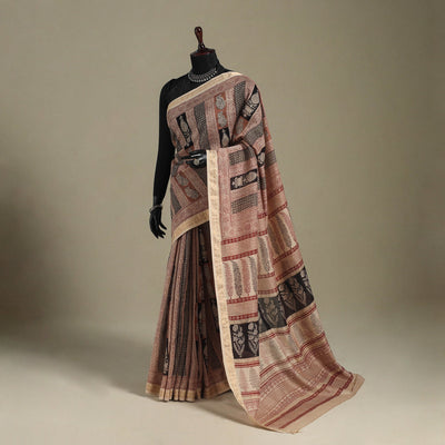 Beige - handloom maheshwari silk bagh saree 06 - handcrafted