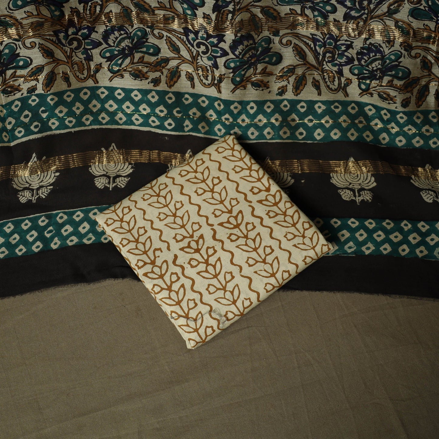 Maheshwari silk hand block bagru print 3pc unstitched dress