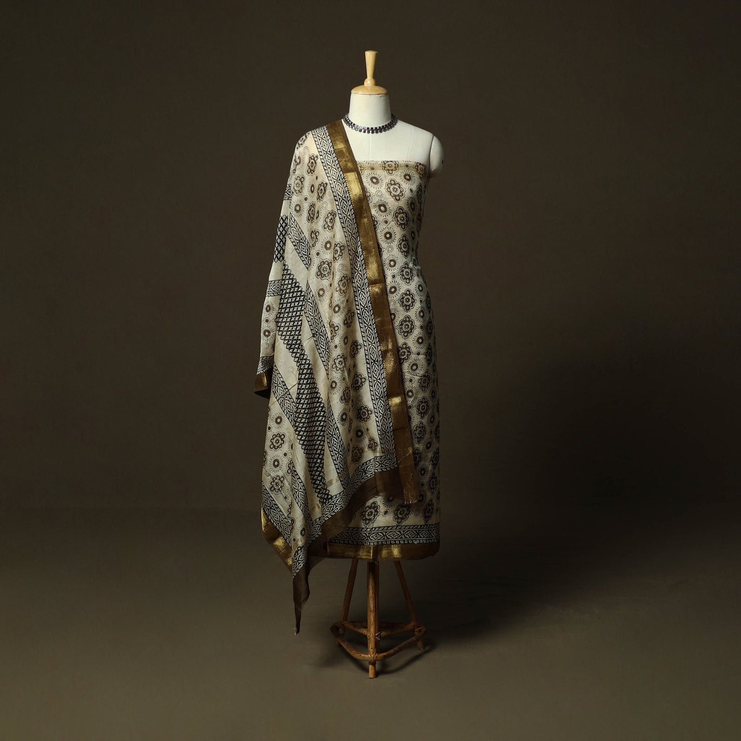 Maheshwari silk hand block bagru print 3pc unstitched dress