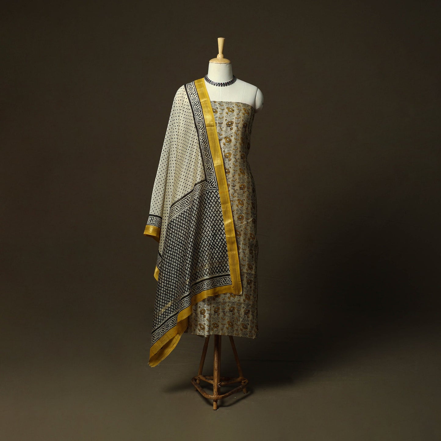 Maheshwari silk hand block bagru print 3pc unstitched dress