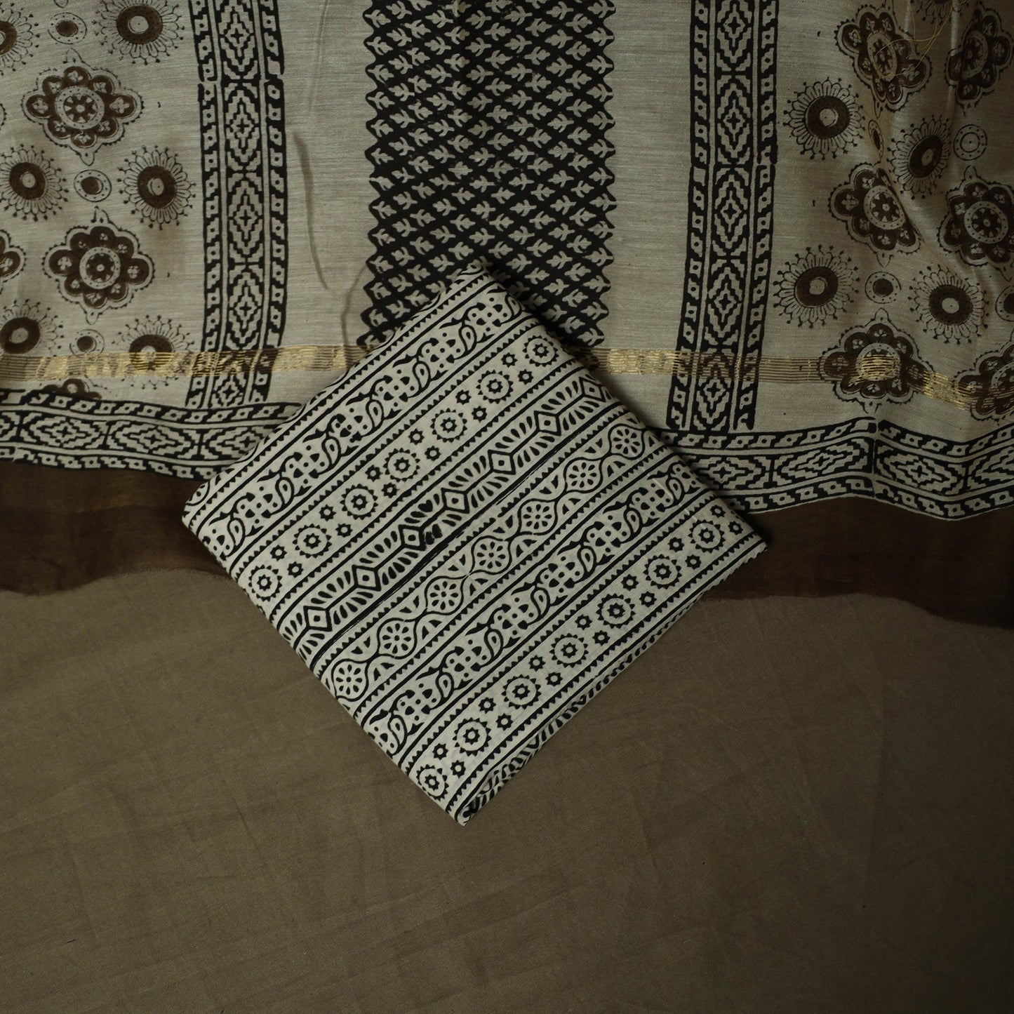 Maheshwari silk hand block bagru print 3pc unstitched dress