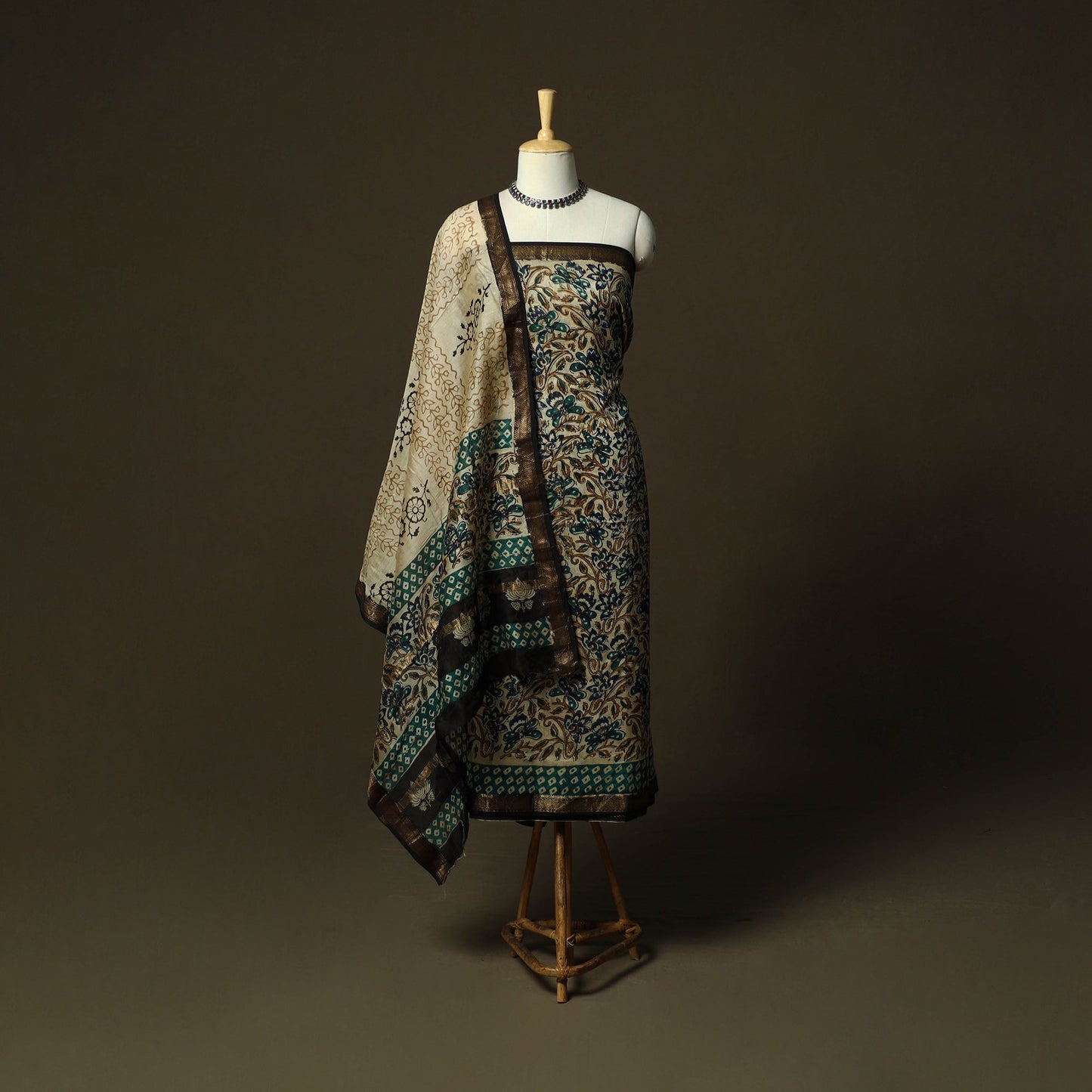 Maheshwari silk hand block bagru print 3pc unstitched dress