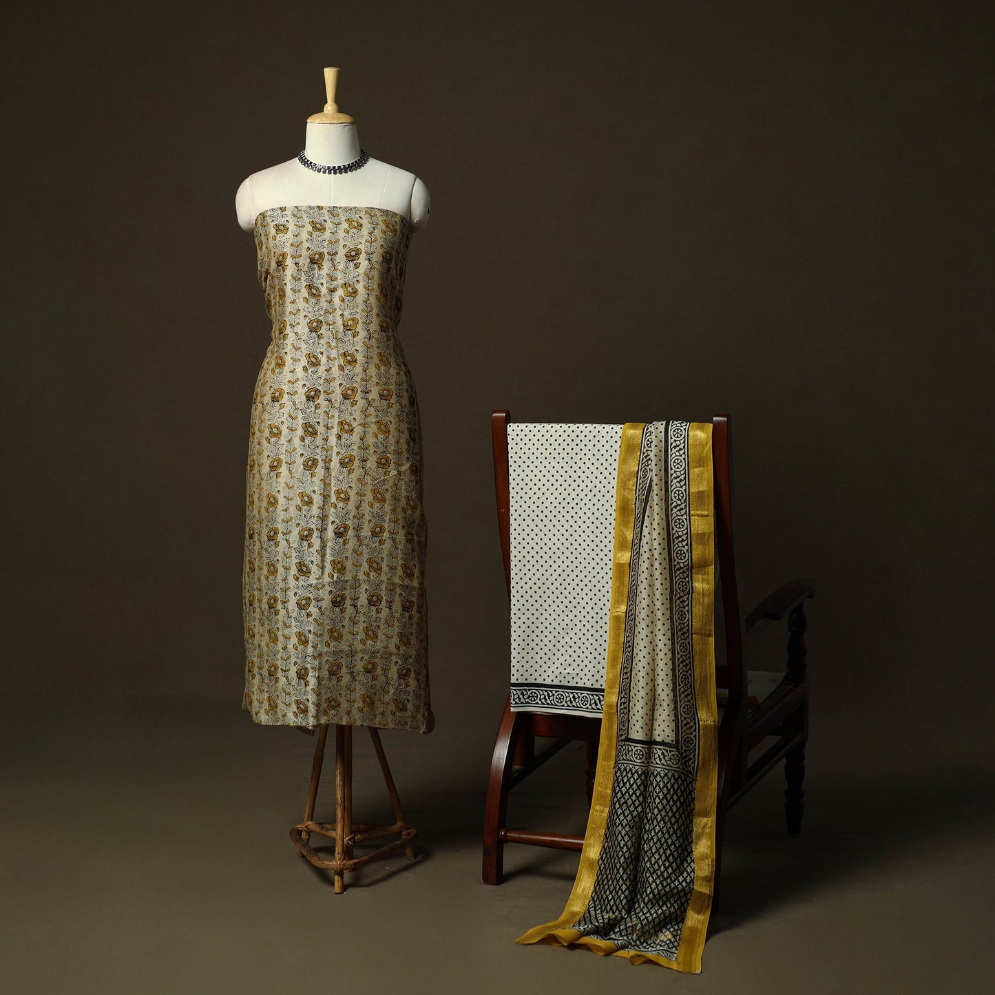 Maheshwari silk hand block bagru print 3pc unstitched dress