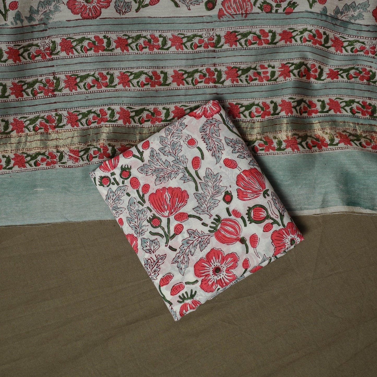 Maheshwari silk hand block sanganeri print 3pc unstitched