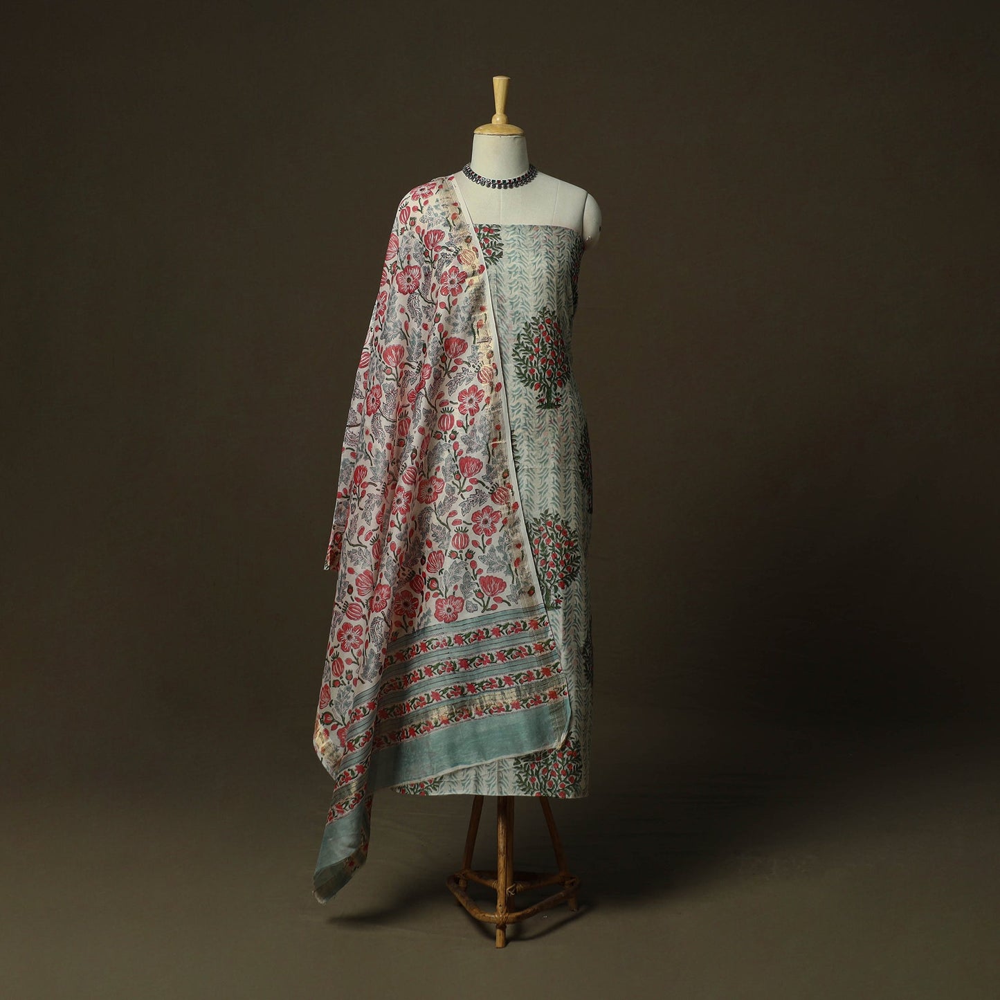 Maheshwari silk hand block sanganeri print 3pc unstitched