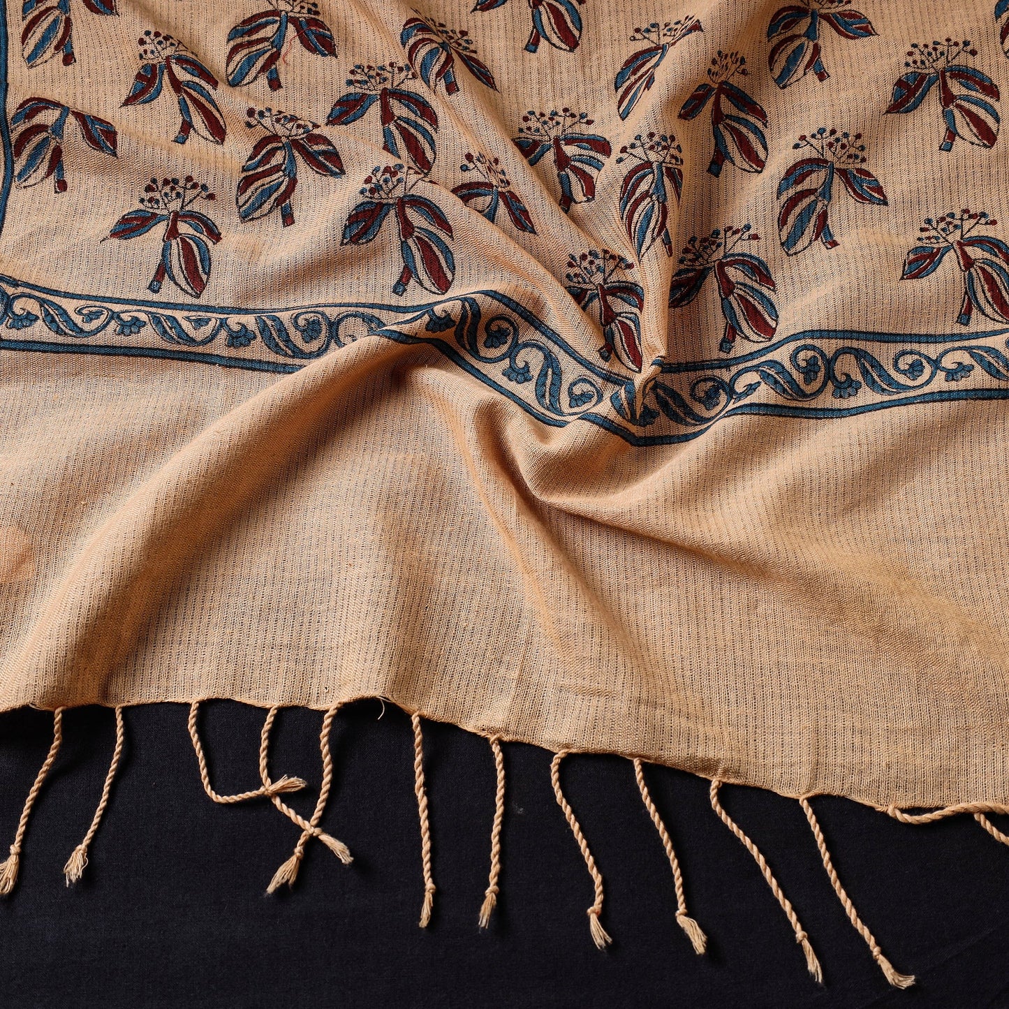 Beige - Mangalagiri Handloom Block Printed Cotton Stole with Tassels