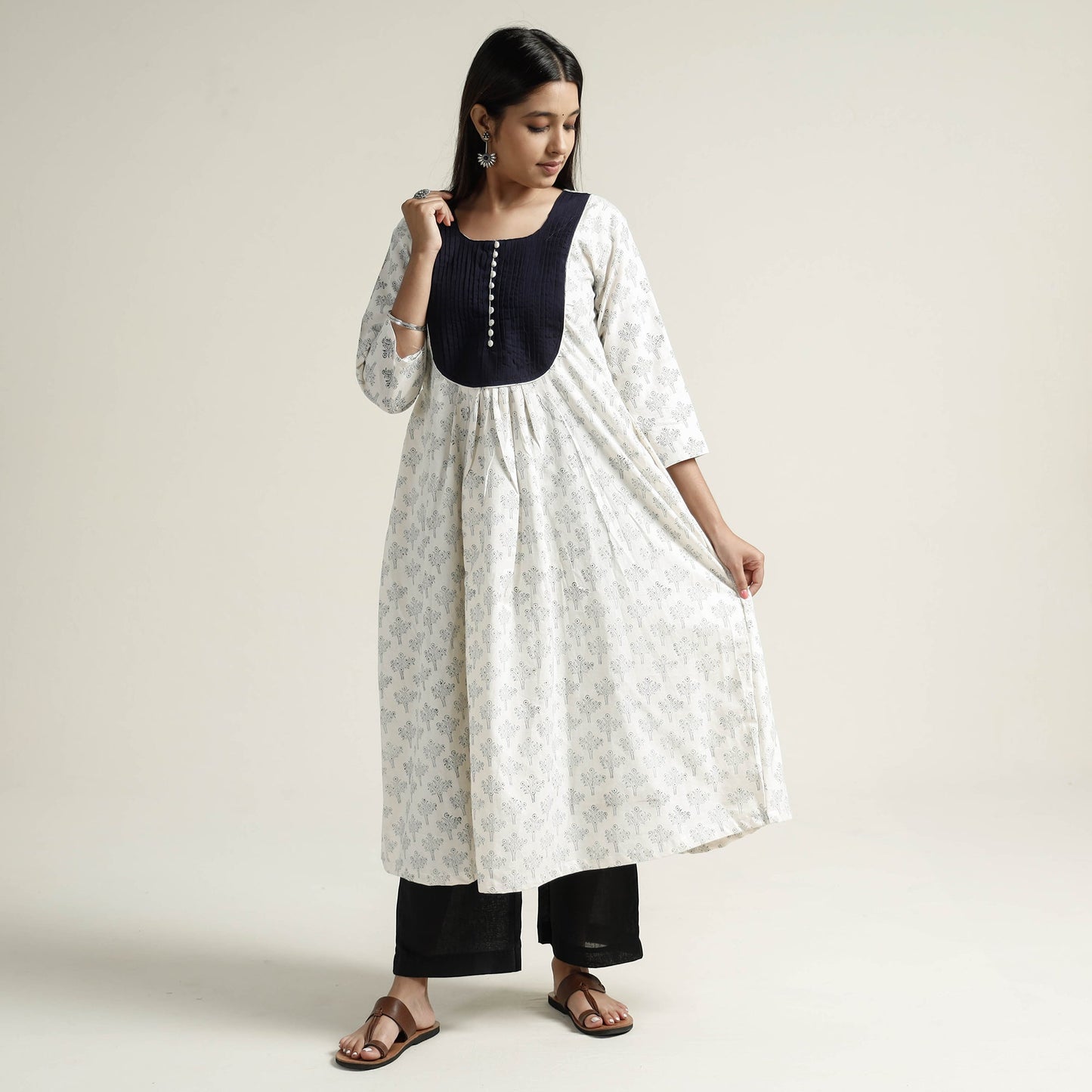 White Block Print Handwoven Cotton A-Line Mangalagiri Kurta for Women