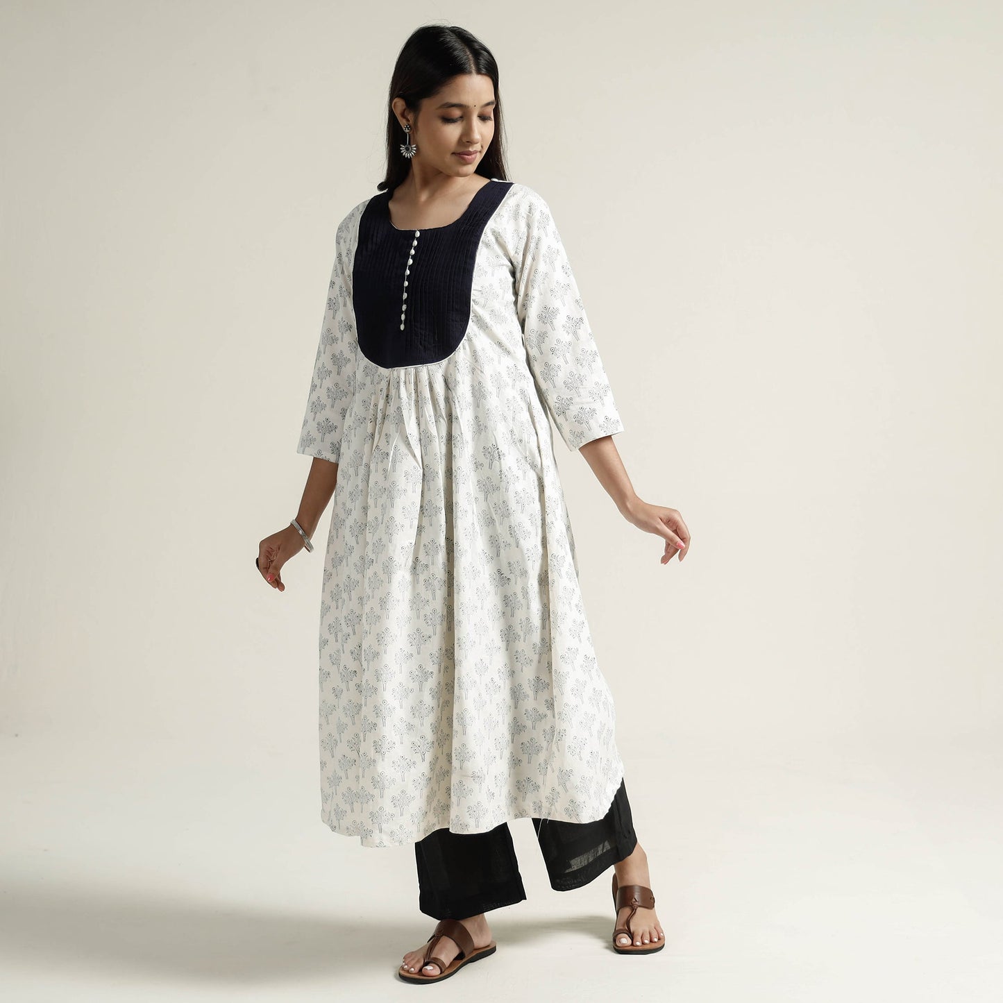 White Block Print Handwoven Cotton A-Line Mangalagiri Kurta for Women