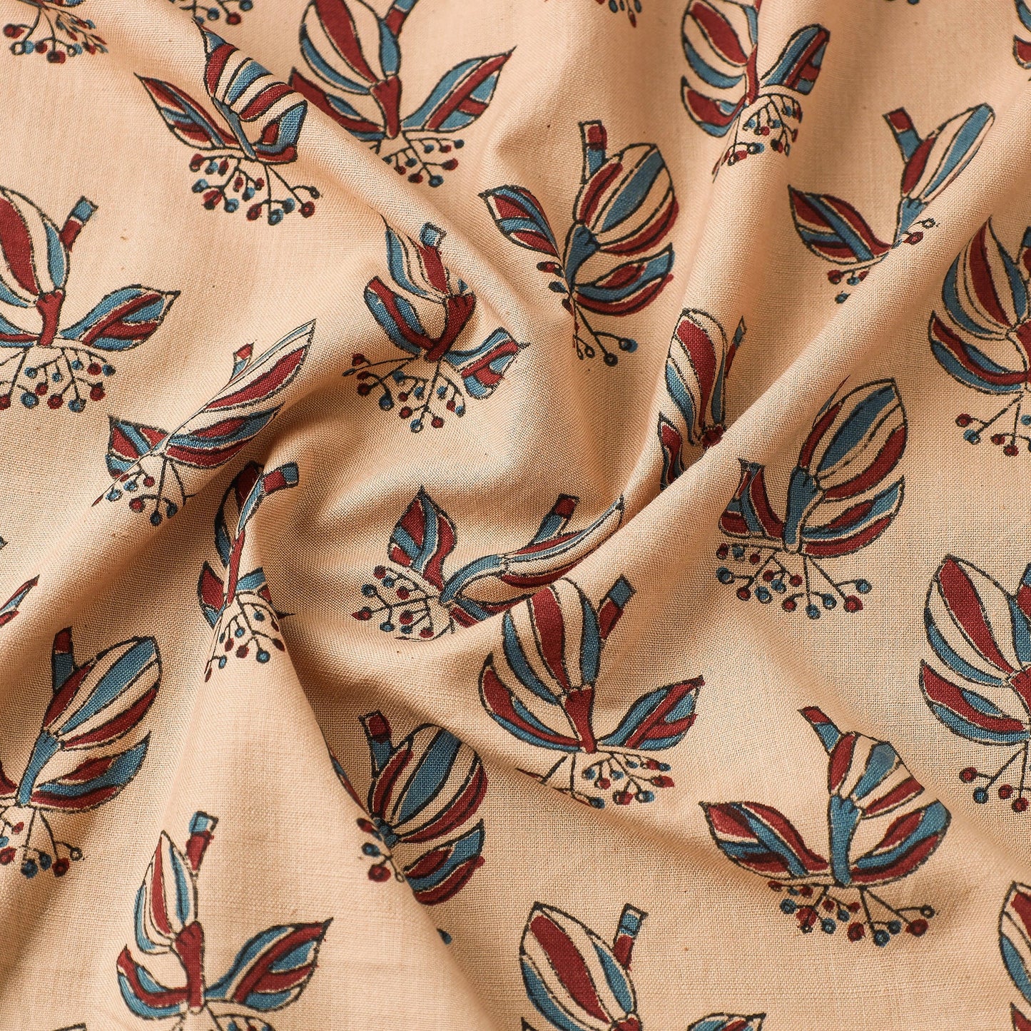 Beige Mangalgiri Block Printed Handwoven Cotton Fabric 
