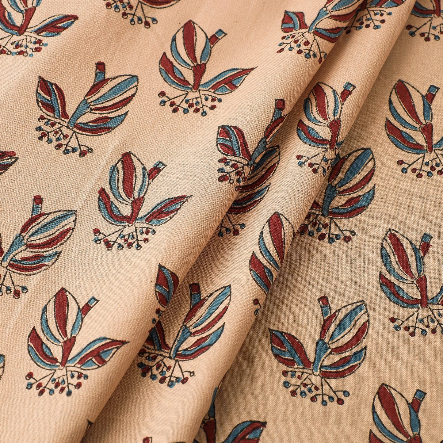Beige Mangalgiri Block Printed Handwoven Cotton Fabric 