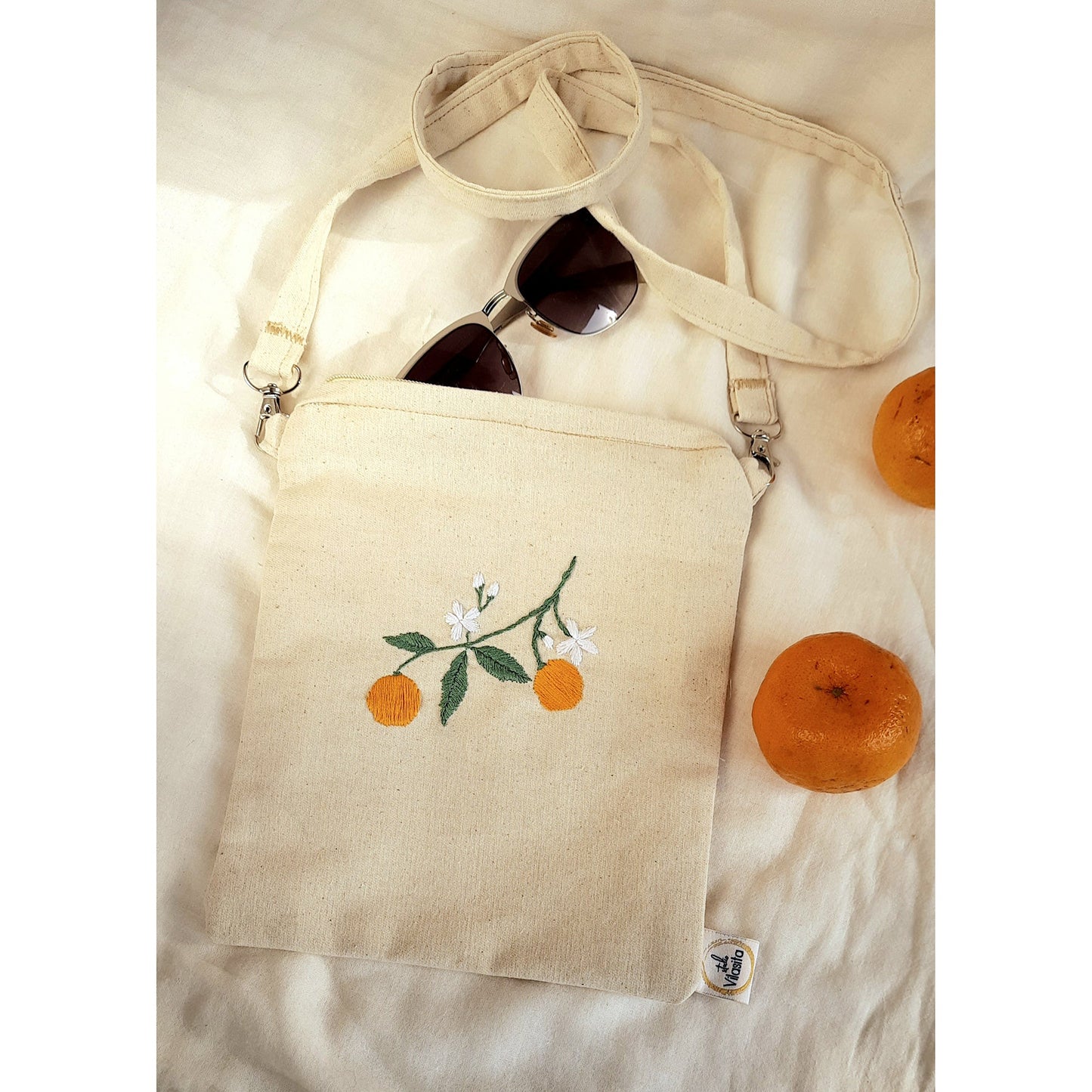 Beige Mirik Mandarins Hand Embroidered Sling Bag