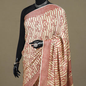 Beige - modal silk hand bagru saree 05 - handcrafted