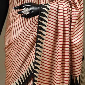 Beige - modal silk hand bagru saree 11 - handcrafted