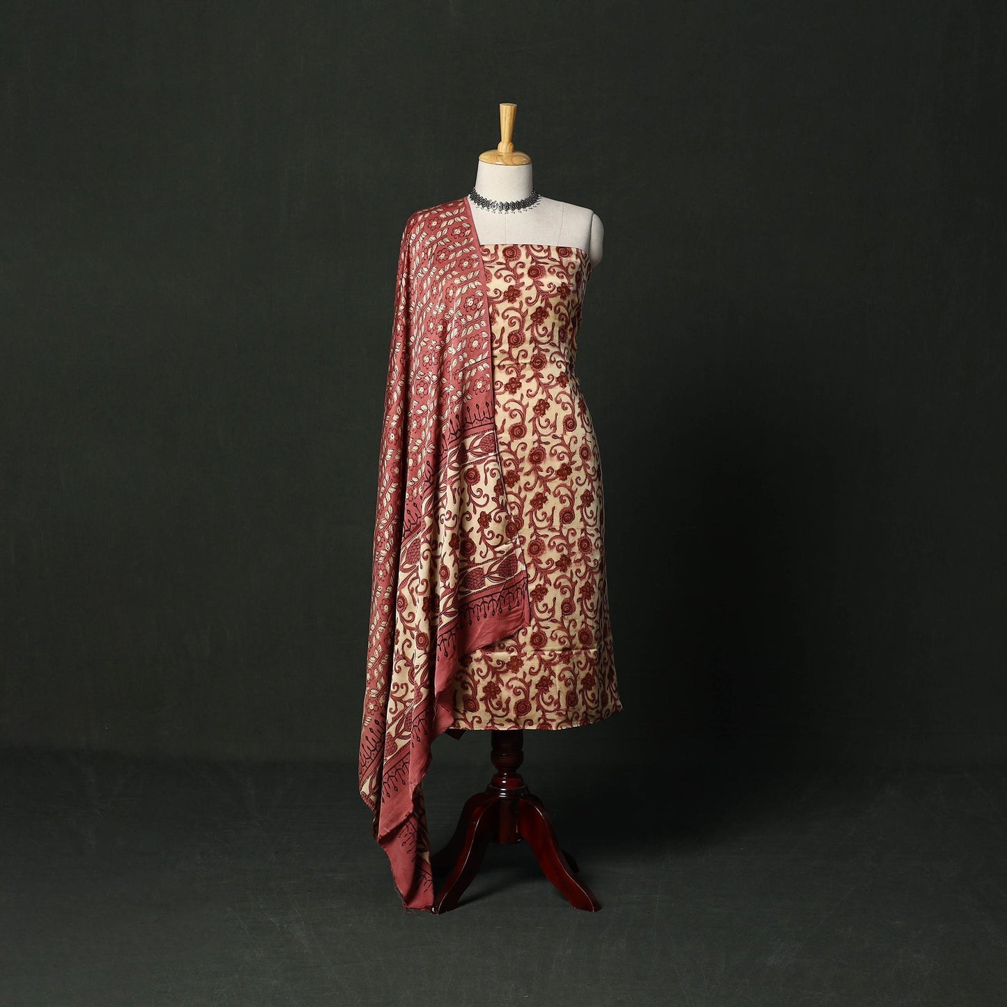 Modal silk hand block bagru print 3pc unstitched dress