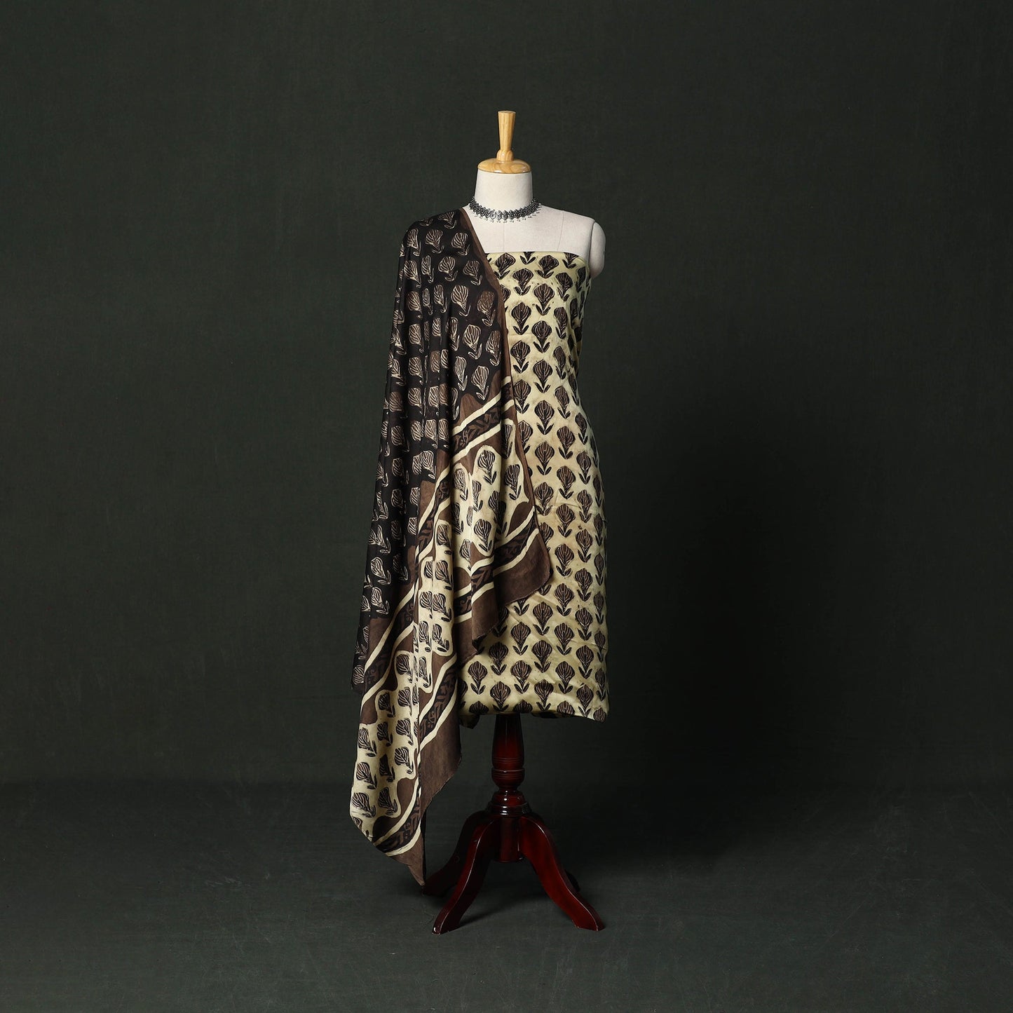 Modal silk hand block bagru print 3pc unstitched dress