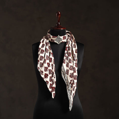 Beige Block Print Modal Silk Pendant Necklace Scarf