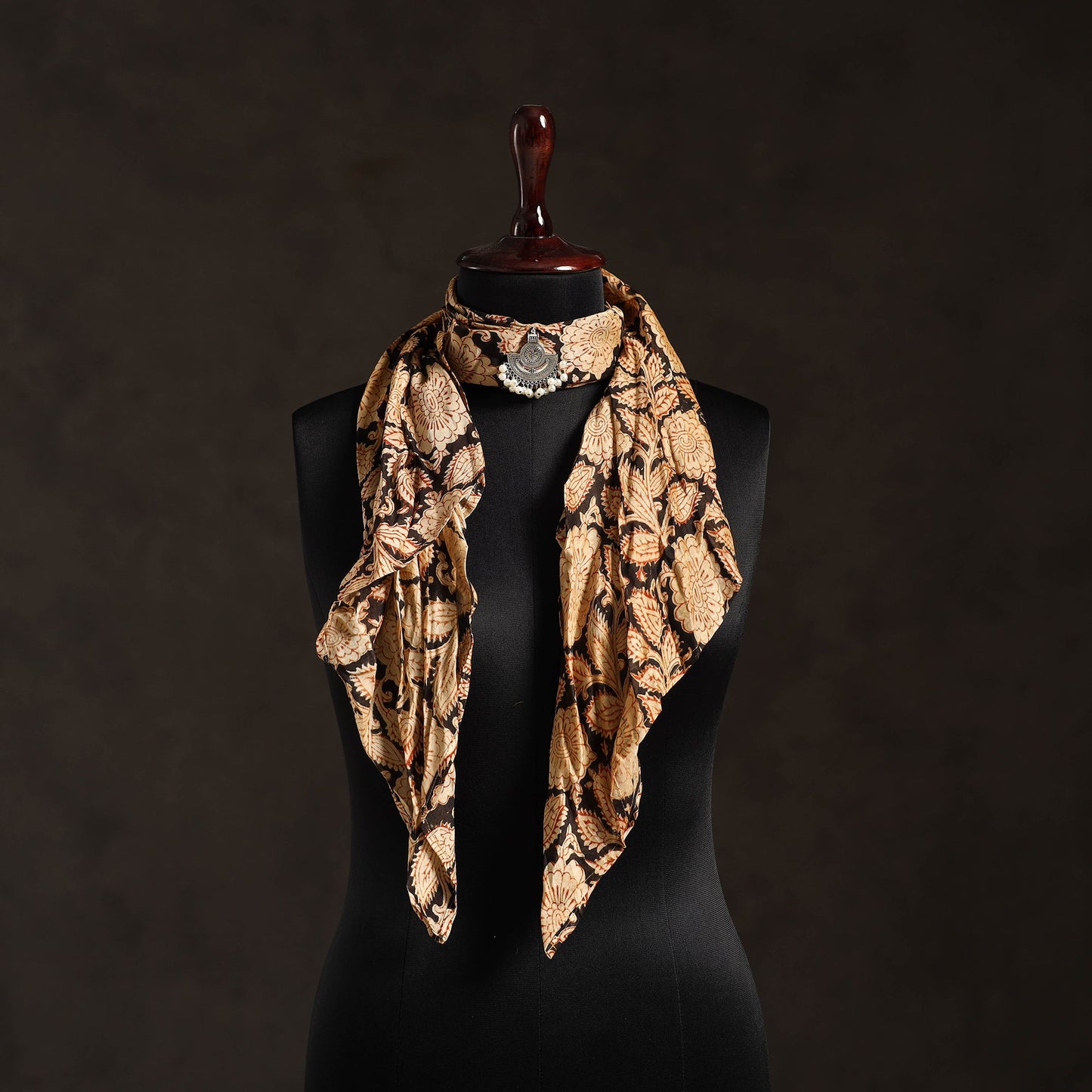 Beige Block Print Modal Silk Pendant Necklace Scarf
