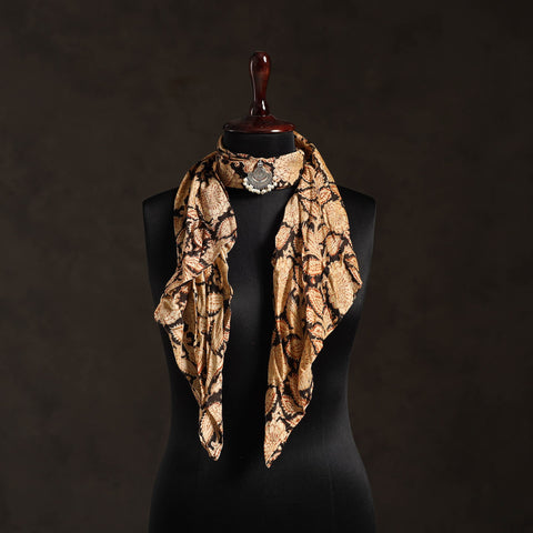 Beige Block Print Modal Silk Pendant Necklace Scarf