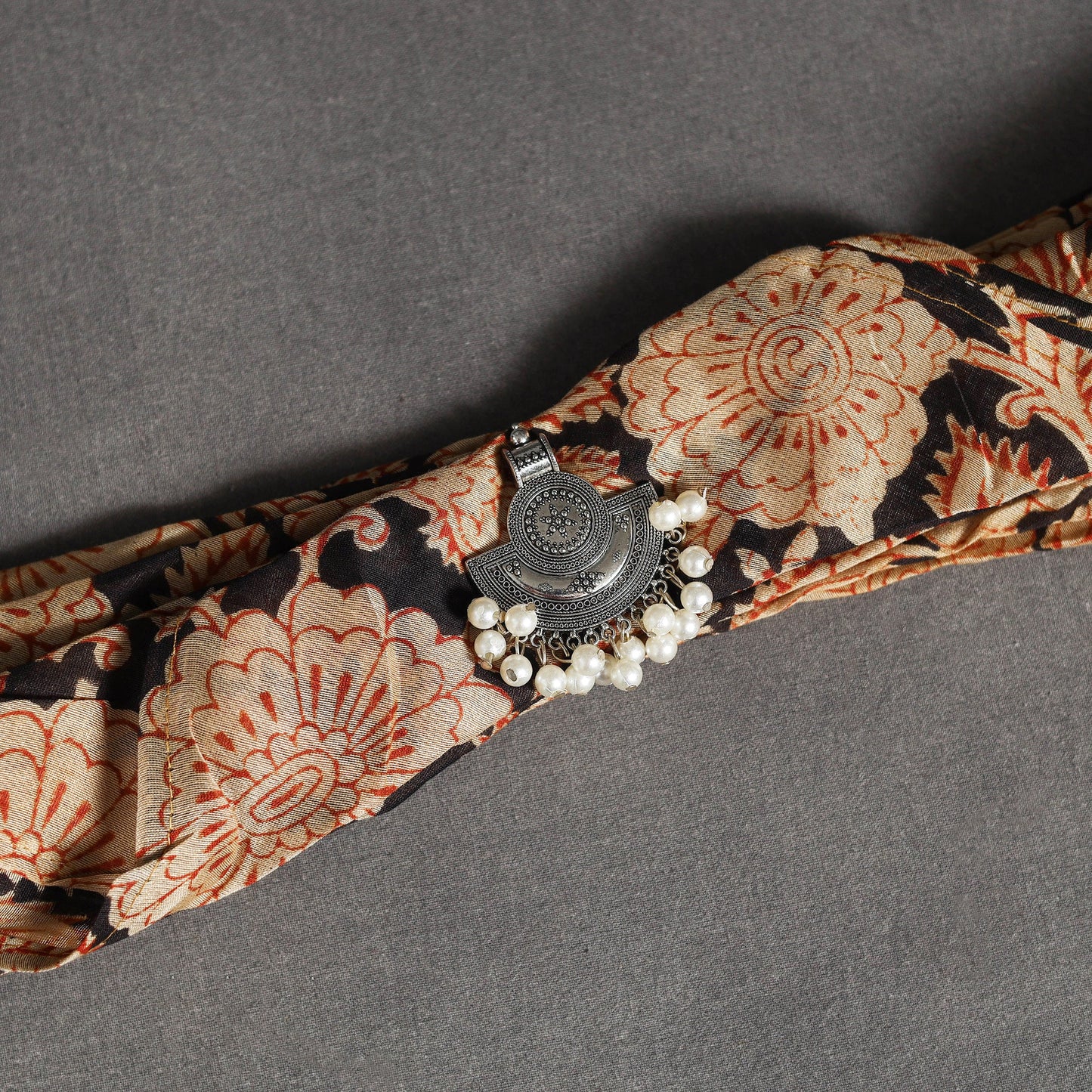 Beige Block Print Modal Silk Pendant Necklace Scarf