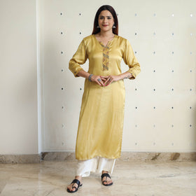 Beige - modal silk plain long straight kurta 34