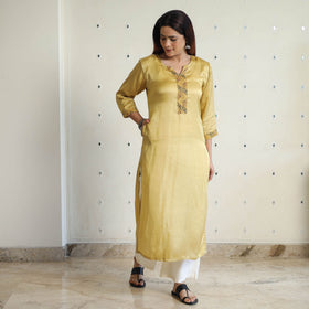 Beige - modal silk plain long straight kurta 34