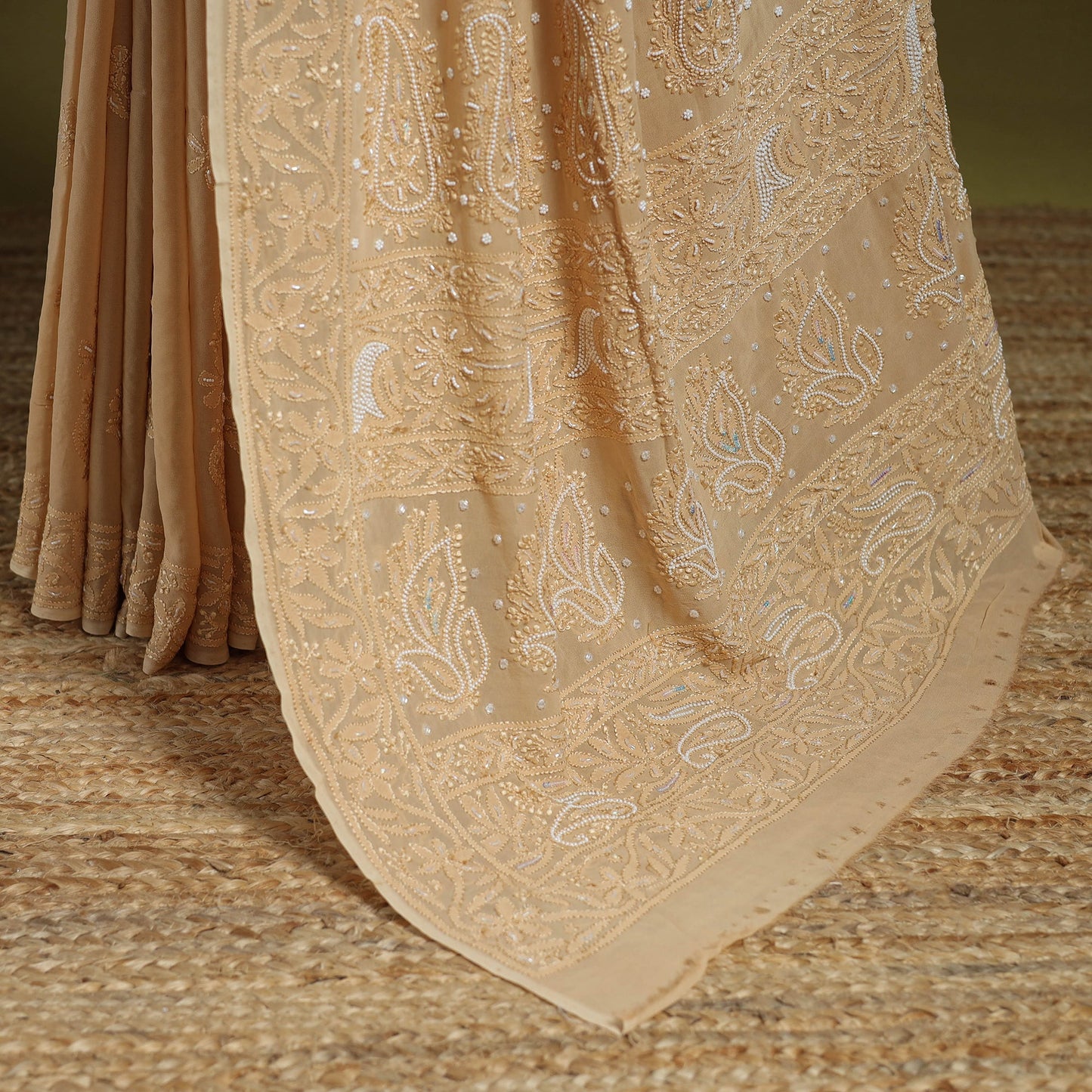 Beige - mukaish hand embroidered georgette heavy beadwork