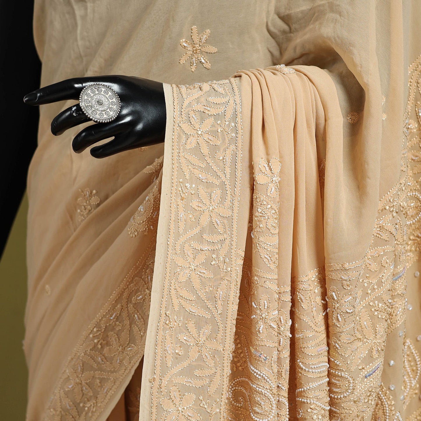 Beige - mukaish hand embroidered georgette heavy beadwork